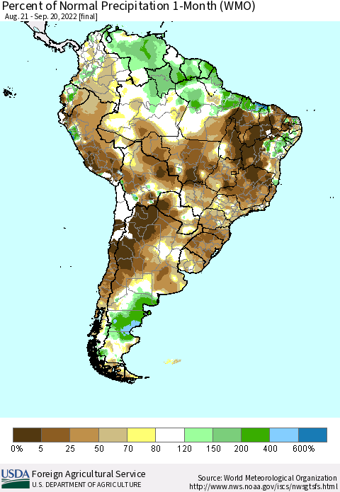 South America Percent of Normal Precipitation 1-Month (WMO) Thematic Map For 8/21/2022 - 9/20/2022