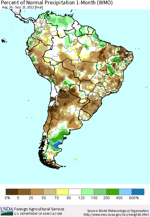 South America Percent of Normal Precipitation 1-Month (WMO) Thematic Map For 8/26/2022 - 9/25/2022