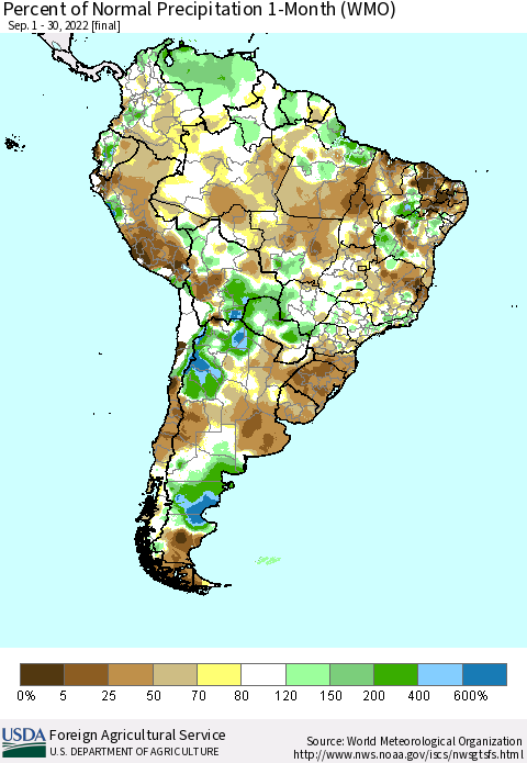 South America Percent of Normal Precipitation 1-Month (WMO) Thematic Map For 9/1/2022 - 9/30/2022