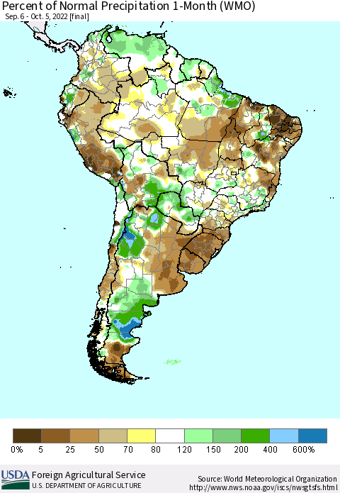 South America Percent of Normal Precipitation 1-Month (WMO) Thematic Map For 9/6/2022 - 10/5/2022