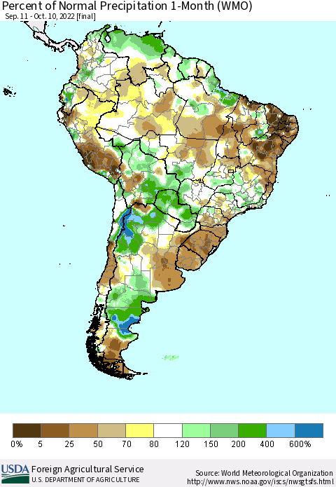 South America Percent of Normal Precipitation 1-Month (WMO) Thematic Map For 9/11/2022 - 10/10/2022
