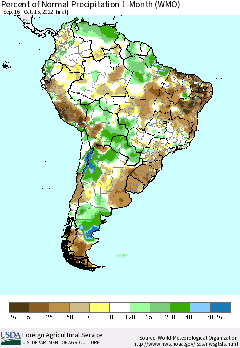 South America Percent of Normal Precipitation 1-Month (WMO) Thematic Map For 9/16/2022 - 10/15/2022