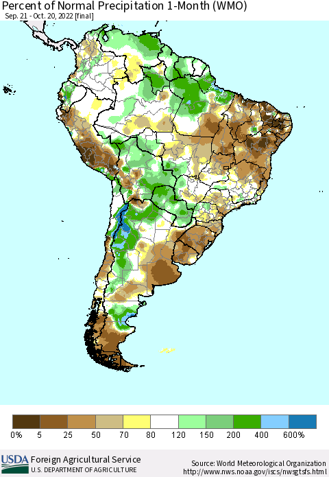 South America Percent of Normal Precipitation 1-Month (WMO) Thematic Map For 9/21/2022 - 10/20/2022