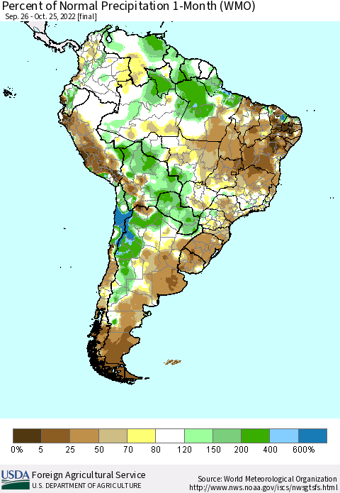 South America Percent of Normal Precipitation 1-Month (WMO) Thematic Map For 9/26/2022 - 10/25/2022