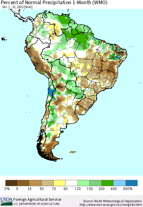 South America Percent of Normal Precipitation 1-Month (WMO) Thematic Map For 10/1/2022 - 10/31/2022