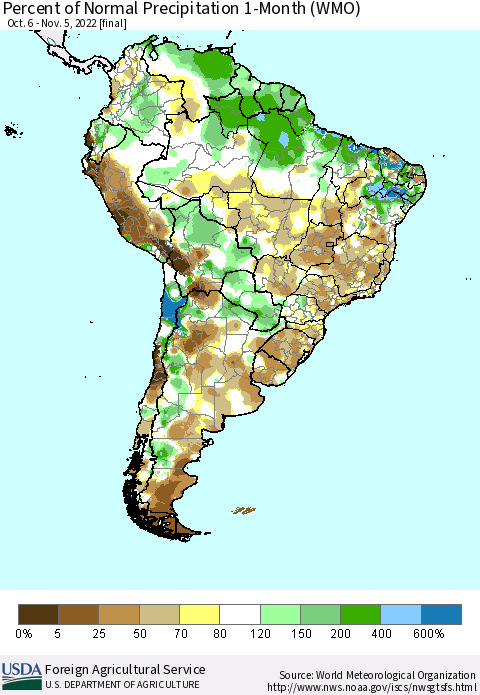 South America Percent of Normal Precipitation 1-Month (WMO) Thematic Map For 10/6/2022 - 11/5/2022