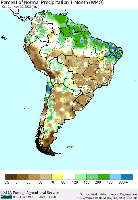 South America Percent of Normal Precipitation 1-Month (WMO) Thematic Map For 10/11/2022 - 11/10/2022