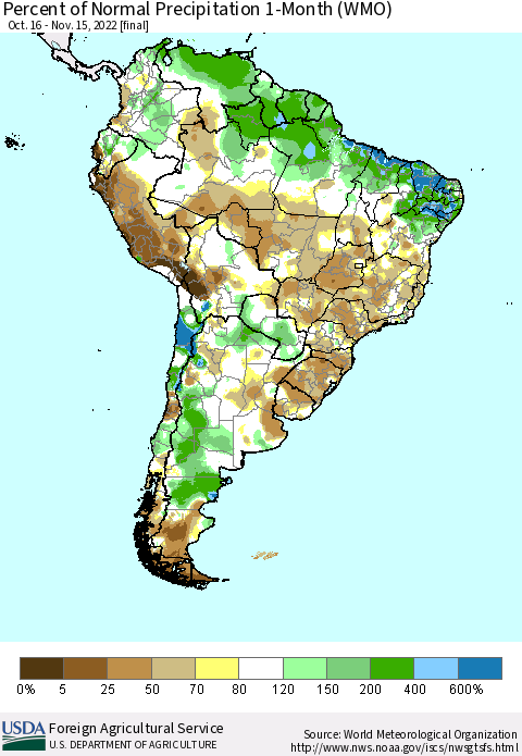 South America Percent of Normal Precipitation 1-Month (WMO) Thematic Map For 10/16/2022 - 11/15/2022