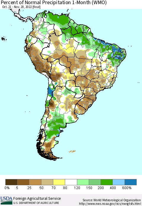 South America Percent of Normal Precipitation 1-Month (WMO) Thematic Map For 10/21/2022 - 11/20/2022