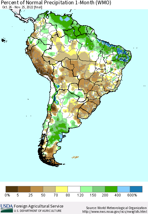 South America Percent of Normal Precipitation 1-Month (WMO) Thematic Map For 10/26/2022 - 11/25/2022