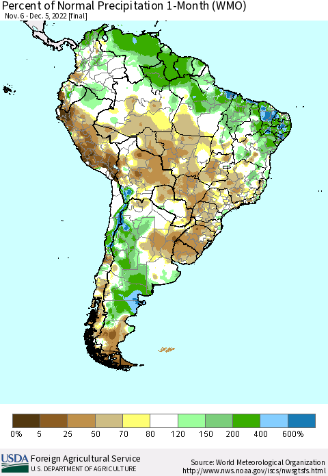 South America Percent of Normal Precipitation 1-Month (WMO) Thematic Map For 11/6/2022 - 12/5/2022