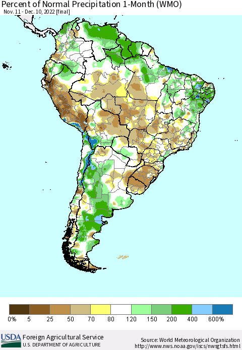 South America Percent of Normal Precipitation 1-Month (WMO) Thematic Map For 11/11/2022 - 12/10/2022
