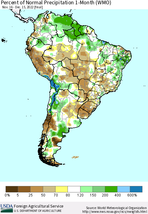 South America Percent of Normal Precipitation 1-Month (WMO) Thematic Map For 11/16/2022 - 12/15/2022