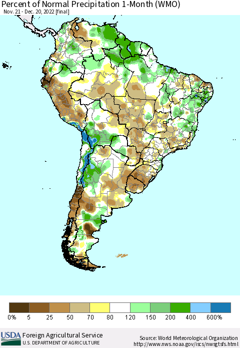 South America Percent of Normal Precipitation 1-Month (WMO) Thematic Map For 11/21/2022 - 12/20/2022