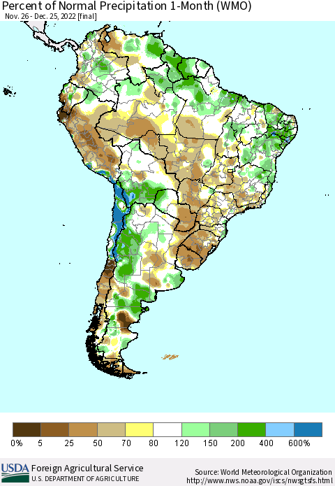 South America Percent of Normal Precipitation 1-Month (WMO) Thematic Map For 11/26/2022 - 12/25/2022
