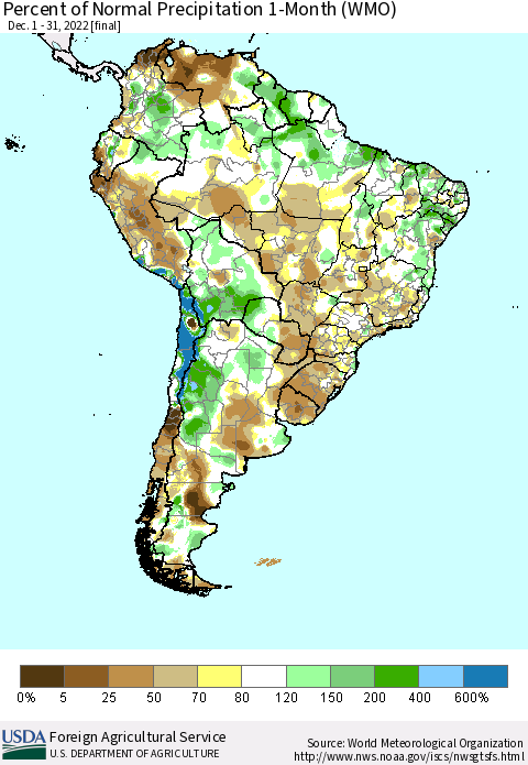 South America Percent of Normal Precipitation 1-Month (WMO) Thematic Map For 12/1/2022 - 12/31/2022