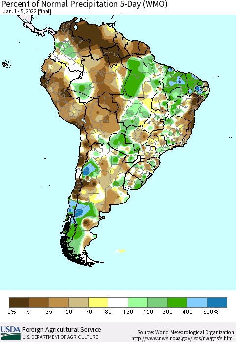South America Percent of Normal Precipitation 5-Day (WMO) Thematic Map For 1/1/2022 - 1/5/2022