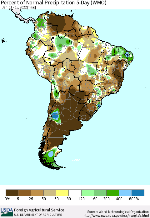 South America Percent of Normal Precipitation 5-Day (WMO) Thematic Map For 1/11/2022 - 1/15/2022