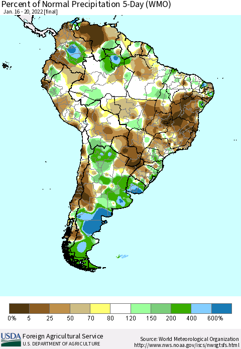 South America Percent of Normal Precipitation 5-Day (WMO) Thematic Map For 1/16/2022 - 1/20/2022
