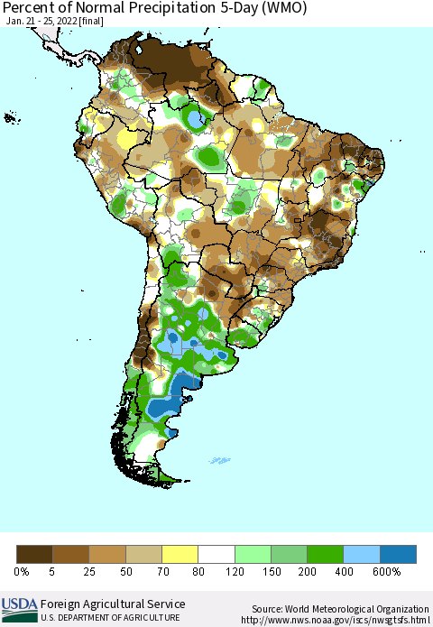 South America Percent of Normal Precipitation 5-Day (WMO) Thematic Map For 1/21/2022 - 1/25/2022