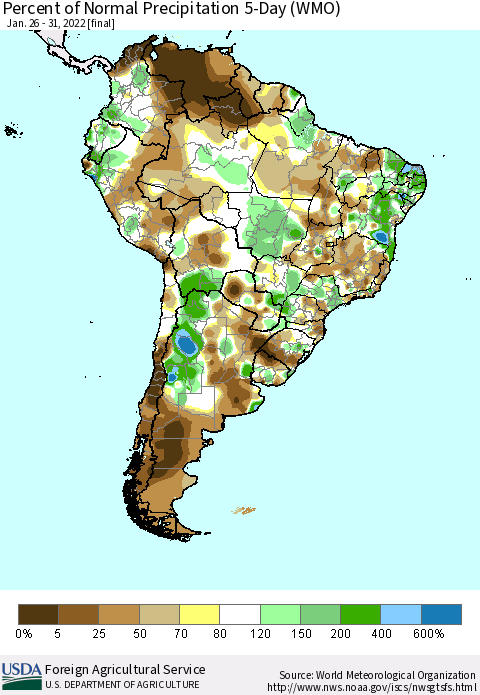 South America Percent of Normal Precipitation 5-Day (WMO) Thematic Map For 1/26/2022 - 1/31/2022