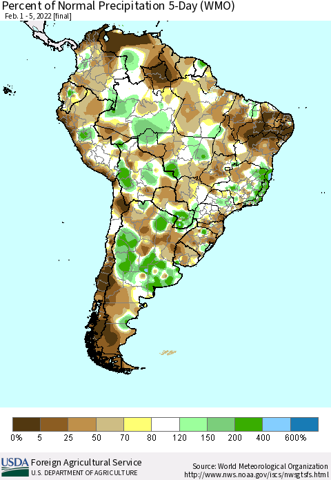 South America Percent of Normal Precipitation 5-Day (WMO) Thematic Map For 2/1/2022 - 2/5/2022