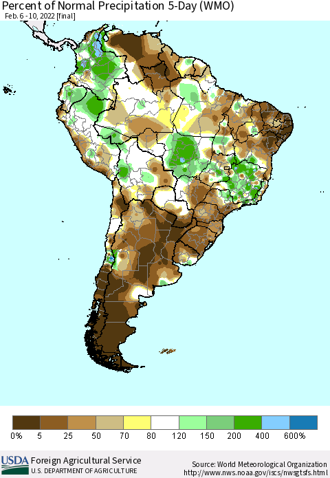 South America Percent of Normal Precipitation 5-Day (WMO) Thematic Map For 2/6/2022 - 2/10/2022