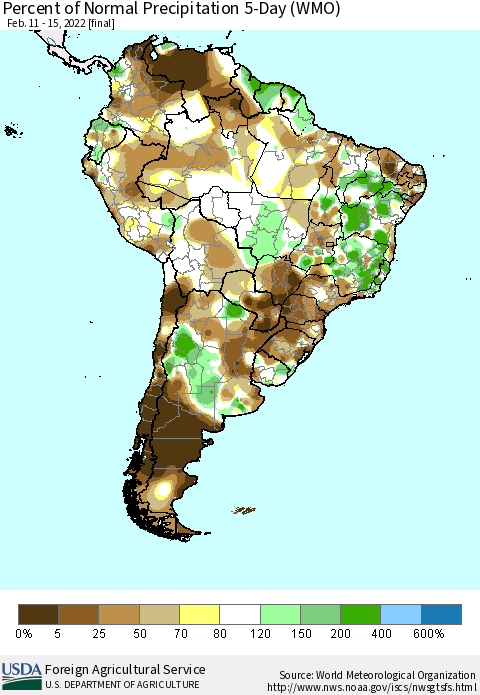 South America Percent of Normal Precipitation 5-Day (WMO) Thematic Map For 2/11/2022 - 2/15/2022