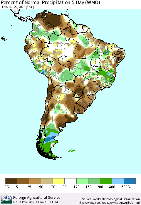 South America Percent of Normal Precipitation 5-Day (WMO) Thematic Map For 2/16/2022 - 2/20/2022