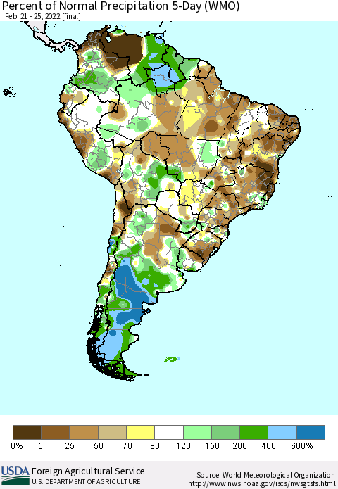 South America Percent of Normal Precipitation 5-Day (WMO) Thematic Map For 2/21/2022 - 2/25/2022