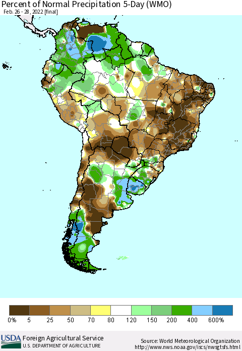 South America Percent of Normal Precipitation 5-Day (WMO) Thematic Map For 2/26/2022 - 2/28/2022