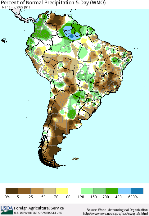South America Percent of Normal Precipitation 5-Day (WMO) Thematic Map For 3/1/2022 - 3/5/2022