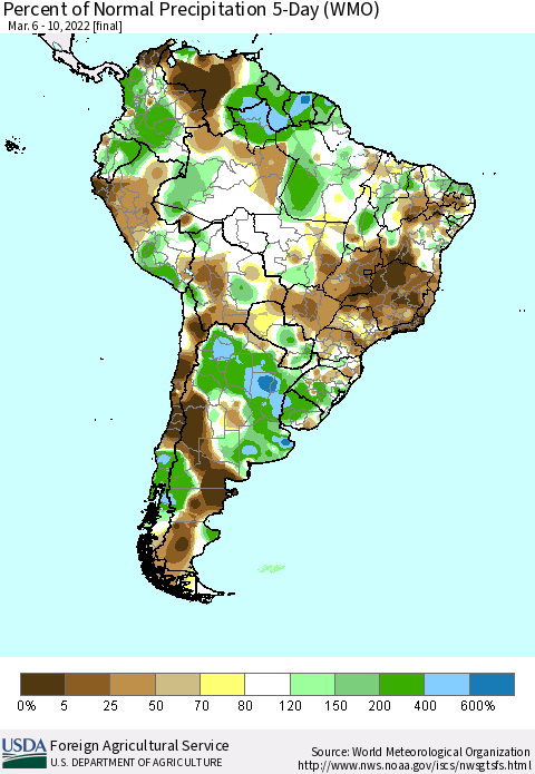 South America Percent of Normal Precipitation 5-Day (WMO) Thematic Map For 3/6/2022 - 3/10/2022
