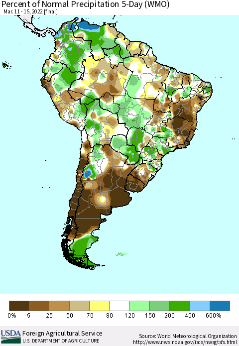 South America Percent of Normal Precipitation 5-Day (WMO) Thematic Map For 3/11/2022 - 3/15/2022