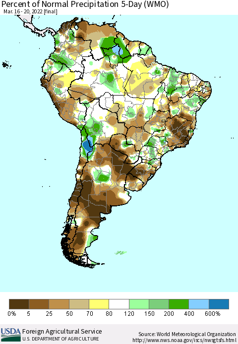 South America Percent of Normal Precipitation 5-Day (WMO) Thematic Map For 3/16/2022 - 3/20/2022