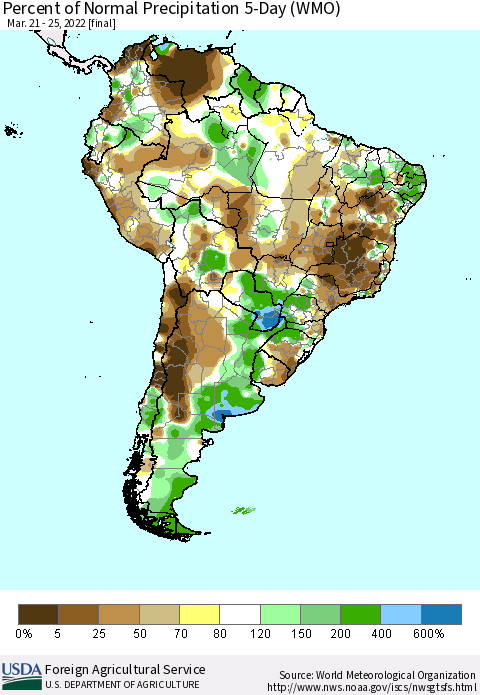 South America Percent of Normal Precipitation 5-Day (WMO) Thematic Map For 3/21/2022 - 3/25/2022