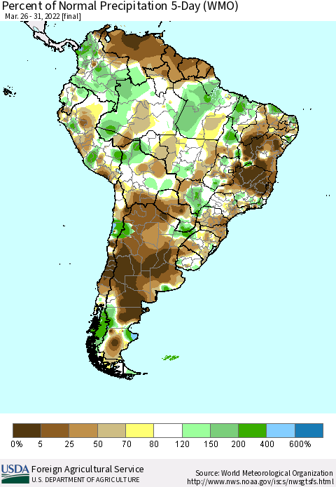 South America Percent of Normal Precipitation 5-Day (WMO) Thematic Map For 3/26/2022 - 3/31/2022