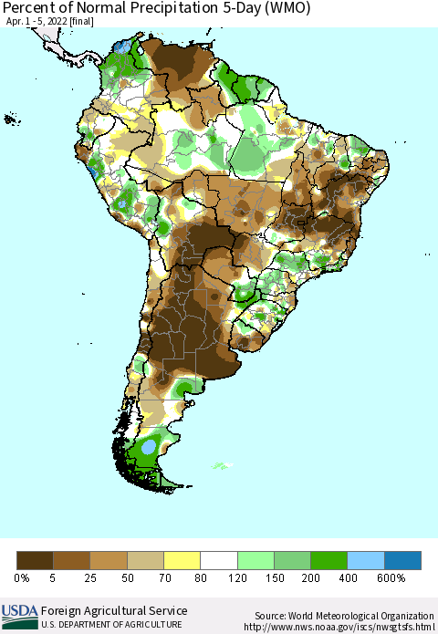 South America Percent of Normal Precipitation 5-Day (WMO) Thematic Map For 4/1/2022 - 4/5/2022