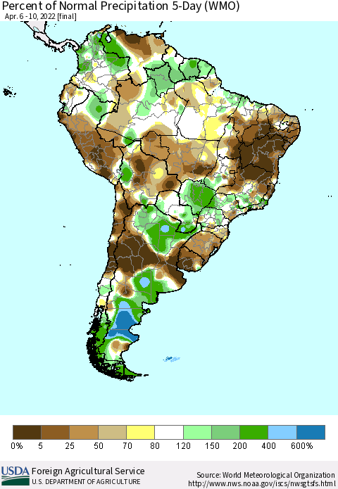 South America Percent of Normal Precipitation 5-Day (WMO) Thematic Map For 4/6/2022 - 4/10/2022