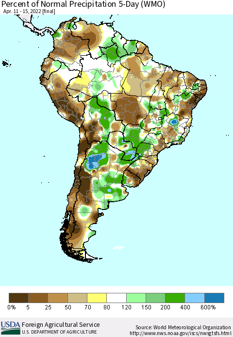 South America Percent of Normal Precipitation 5-Day (WMO) Thematic Map For 4/11/2022 - 4/15/2022