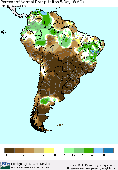 South America Percent of Normal Precipitation 5-Day (WMO) Thematic Map For 4/16/2022 - 4/20/2022