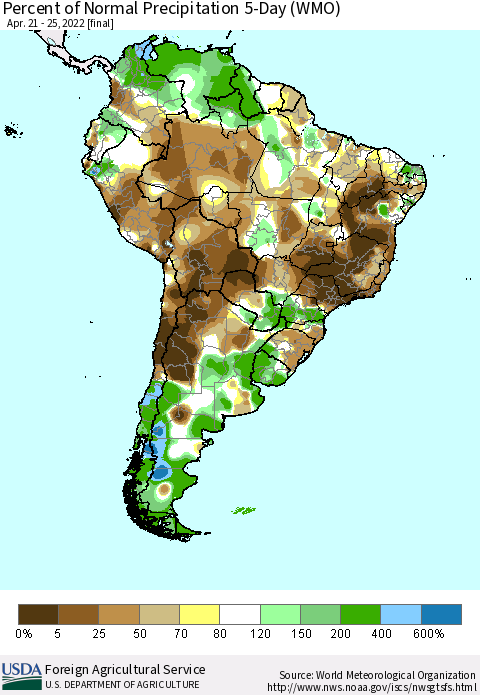 South America Percent of Normal Precipitation 5-Day (WMO) Thematic Map For 4/21/2022 - 4/25/2022