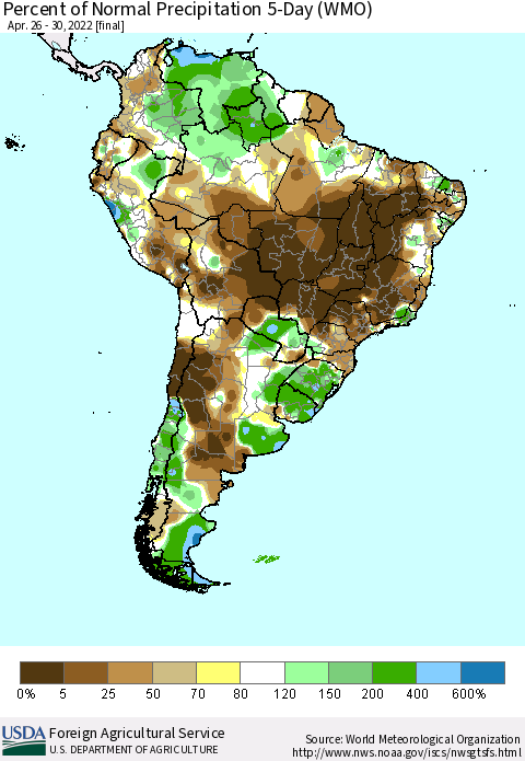 South America Percent of Normal Precipitation 5-Day (WMO) Thematic Map For 4/26/2022 - 4/30/2022