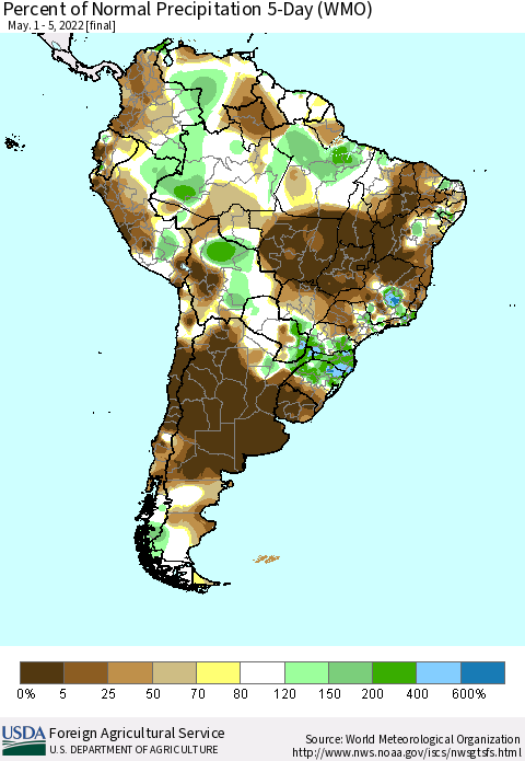 South America Percent of Normal Precipitation 5-Day (WMO) Thematic Map For 5/1/2022 - 5/5/2022