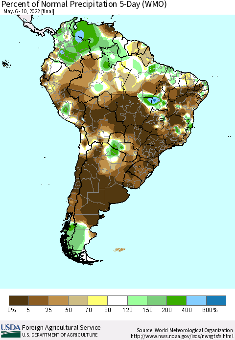 South America Percent of Normal Precipitation 5-Day (WMO) Thematic Map For 5/6/2022 - 5/10/2022