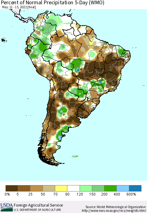 South America Percent of Normal Precipitation 5-Day (WMO) Thematic Map For 5/11/2022 - 5/15/2022