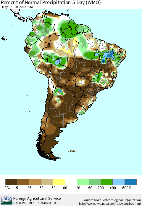 South America Percent of Normal Precipitation 5-Day (WMO) Thematic Map For 5/16/2022 - 5/20/2022