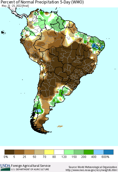 South America Percent of Normal Precipitation 5-Day (WMO) Thematic Map For 5/21/2022 - 5/25/2022