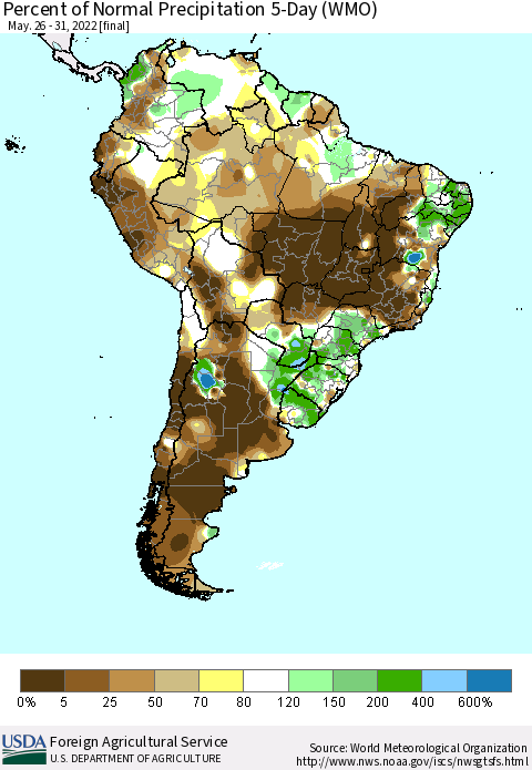 South America Percent of Normal Precipitation 5-Day (WMO) Thematic Map For 5/26/2022 - 5/31/2022
