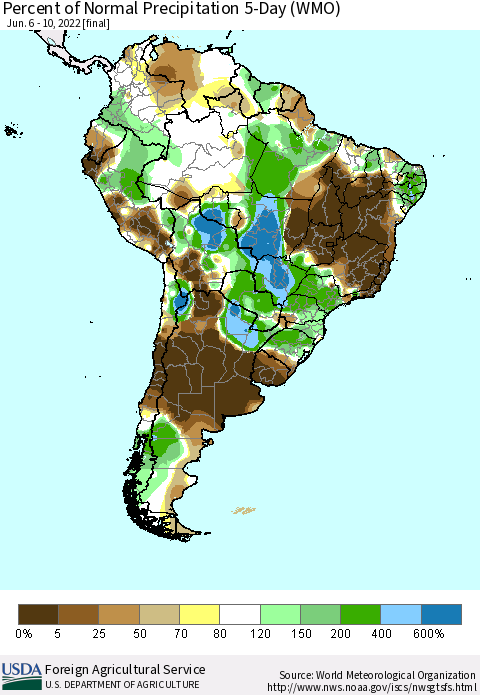 South America Percent of Normal Precipitation 5-Day (WMO) Thematic Map For 6/6/2022 - 6/10/2022